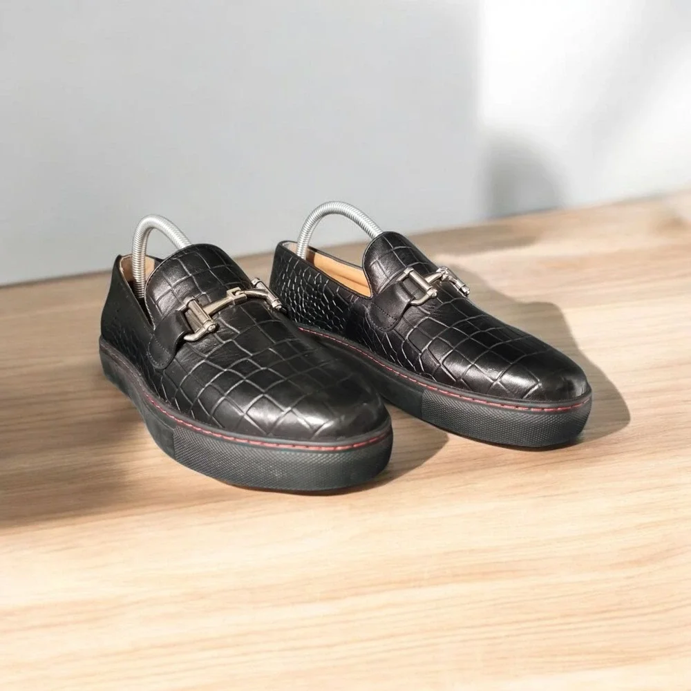 Marc Nolan Men's Size 6 Boardwalk Black Crocskin Leather Horse-Bit Sneakers